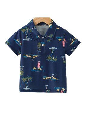 Carters 3M Baby Boy Polo Shirt Island Print Short Sleeve Cotton Blend Blue
